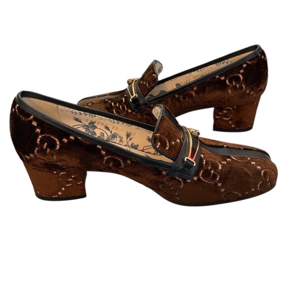 GUCCI Velvet GG Logo Block Heel Brown Square Toe Mules Loafers Flats Cat \\ 37 - Picture 6 of 13